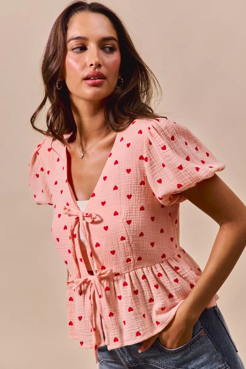 SO ME All Over Heart Ribbon Tie Baby Doll Valentine Blouse