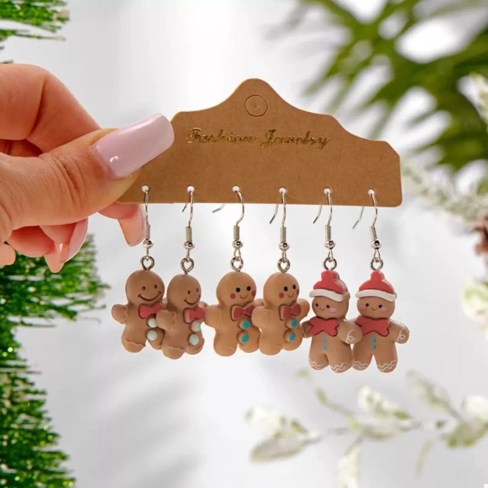 3 Piece Christmas Gingerbread Man Drop Earrings