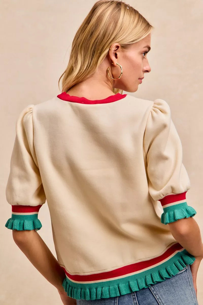 BiBi Christmas Merry Letter Patches Contrast Banded Top