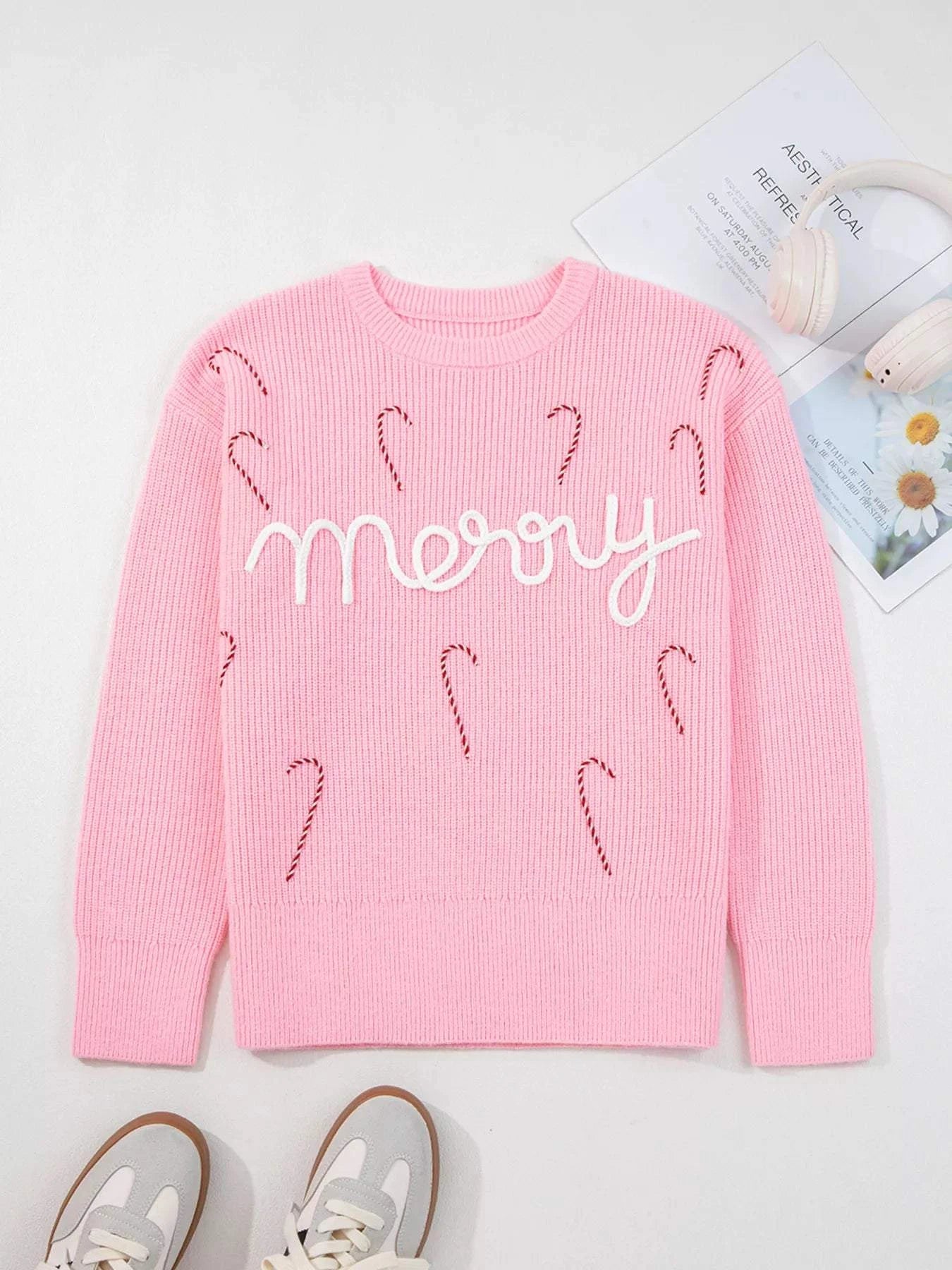 Merry Candy Cane Christmas Crew Neck Sweater