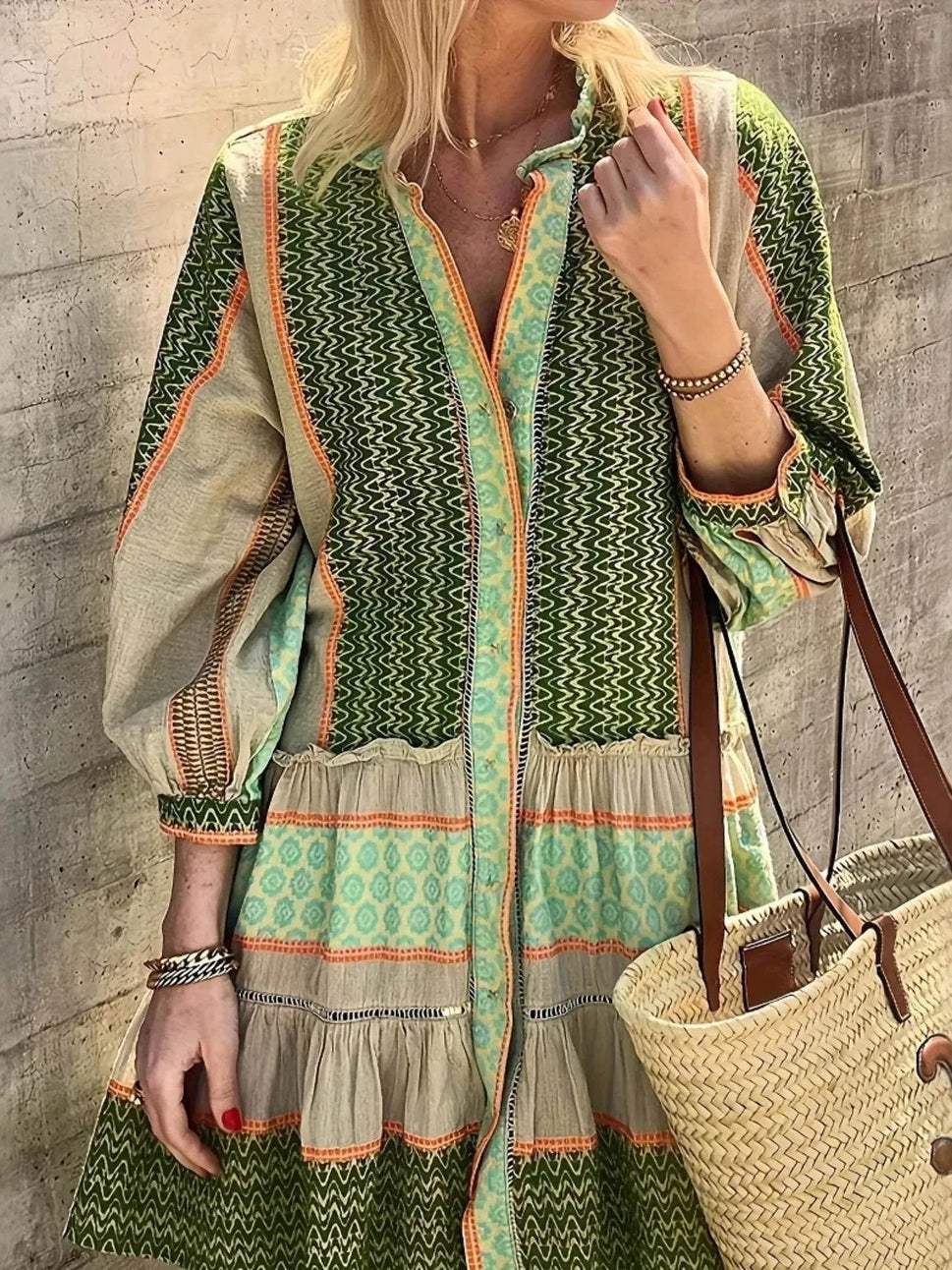 Printed Button Front Long Sleeve Dress