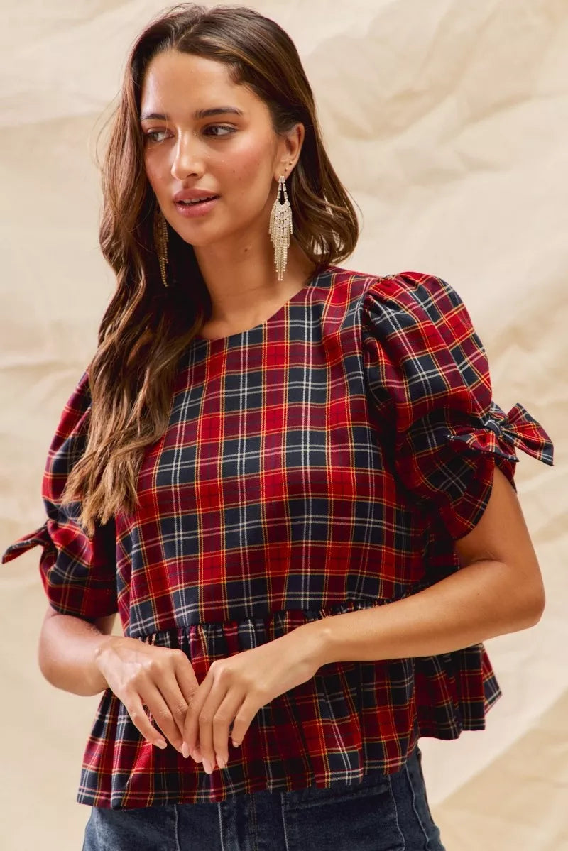 SO ME Christmas Holiday Plaid Ribbon Short Sleeves Top