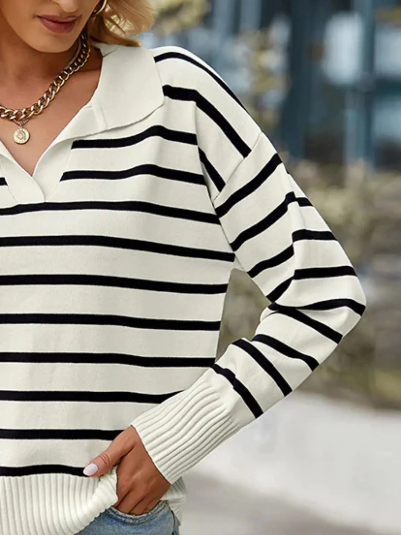 Ribbed Hem Long Sleeve Striped Sweater
