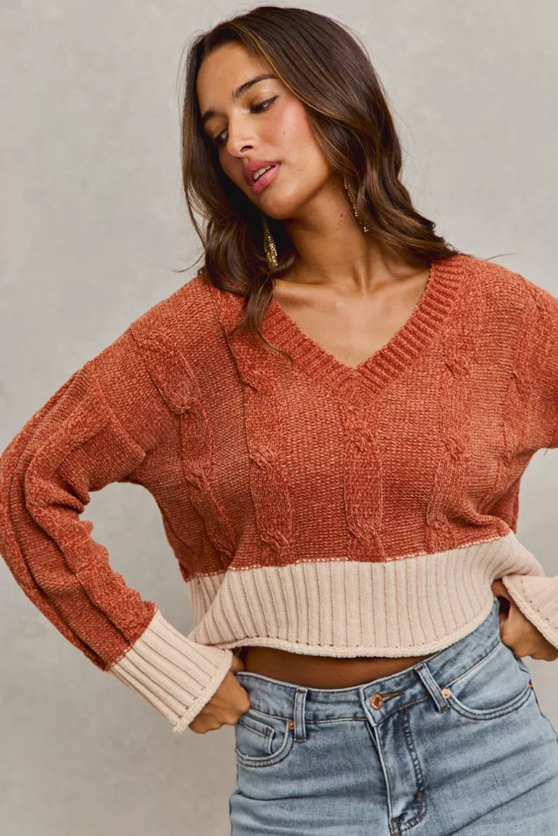 SO ME Chenille Cable Knit V Neck Contrast Cropped Sweater