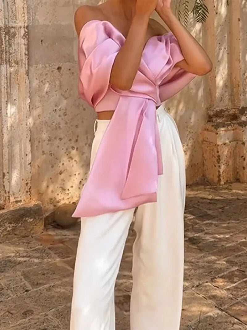 Summer Satin Bow Pleated Off-Shoulder Crop Top