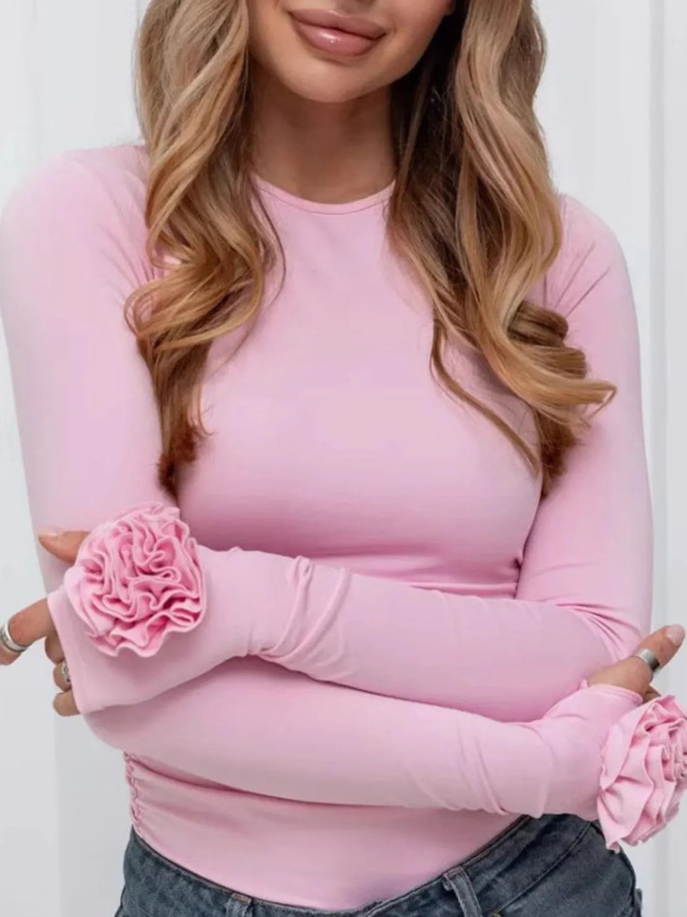 Flower Round Neck Long Sleeve T-Shirt