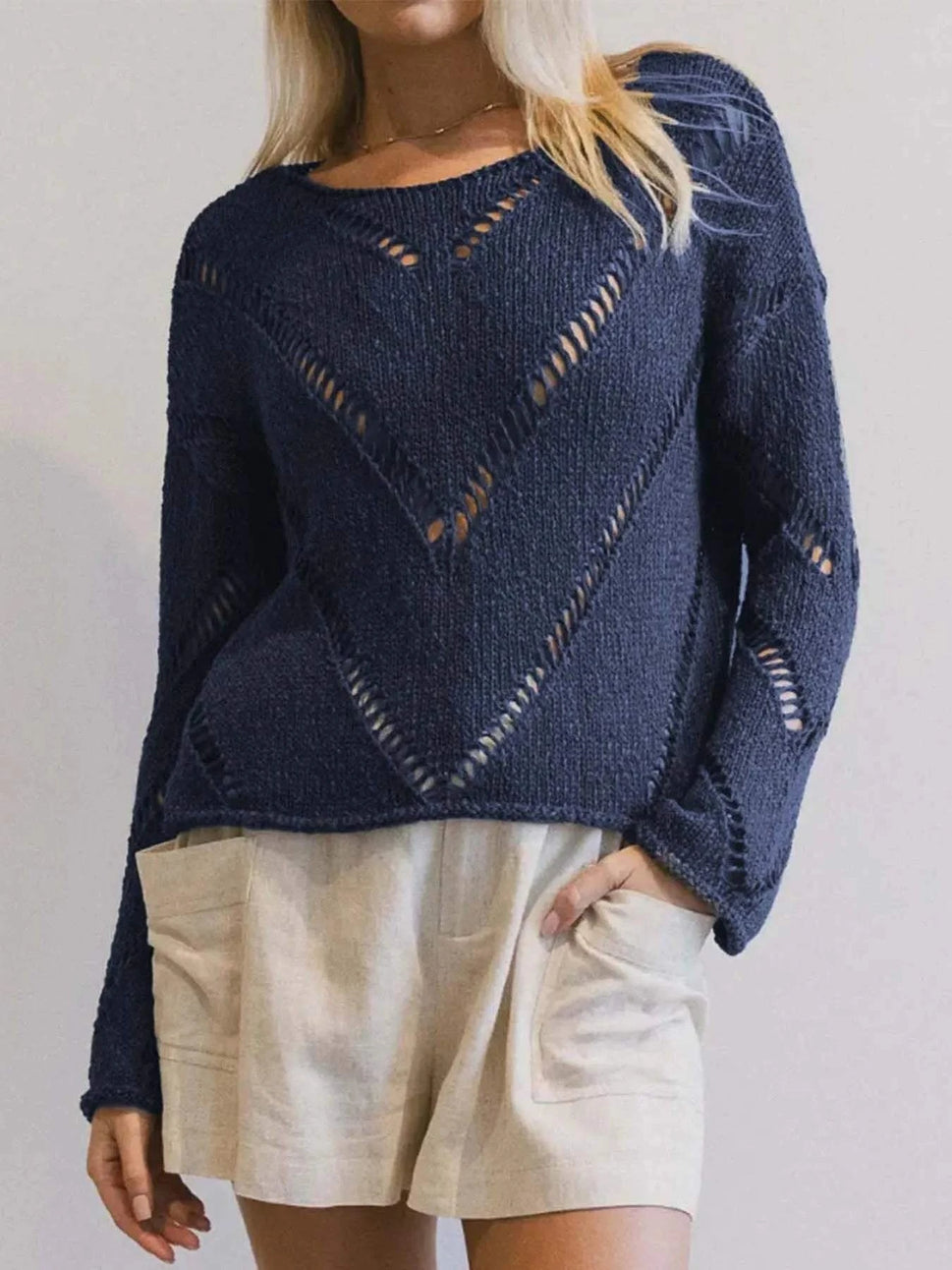 Openwork Boat Neck Long Sleeve Sweater