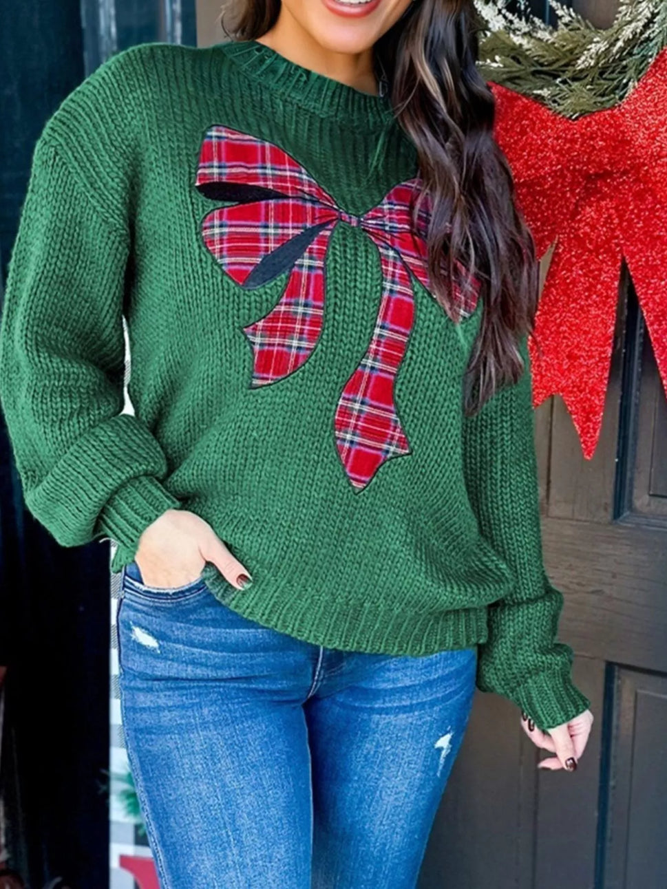 Plaid Bow Graphic Christmas Sweater