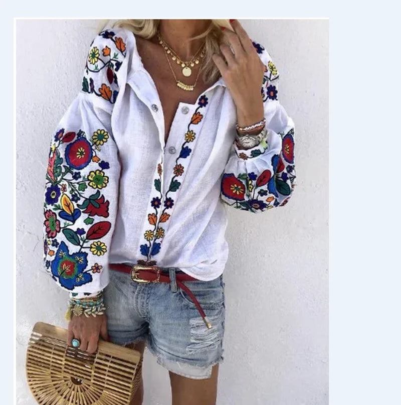 Women S Long Sleeve Shirts Floral round Neck Snap Button Closure Lantern Sleeves Floral Pattern Printing Casual Loose Spring