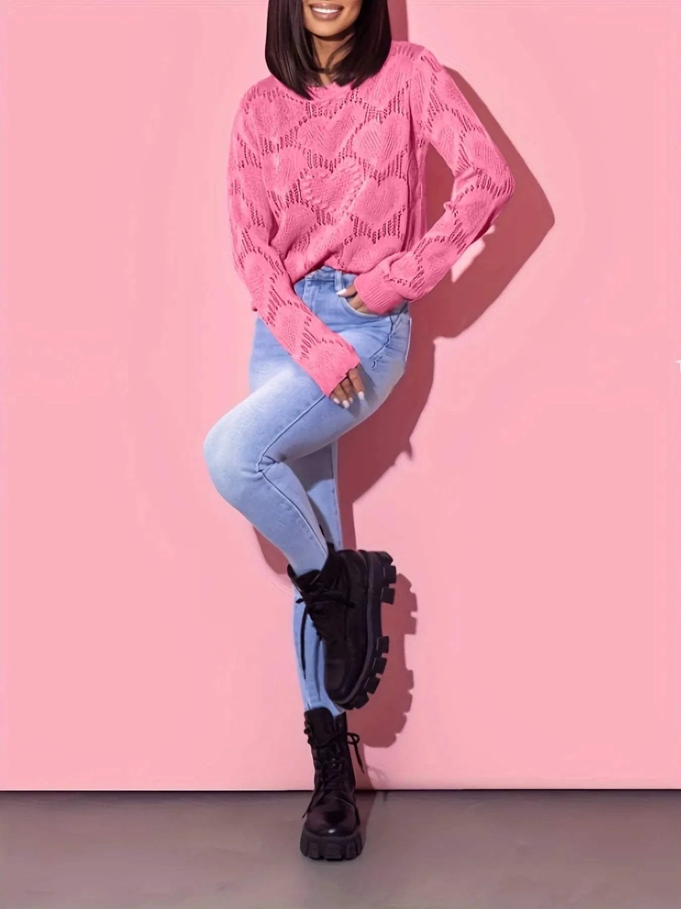 Heart Round Neck Long Sleeve Sweater