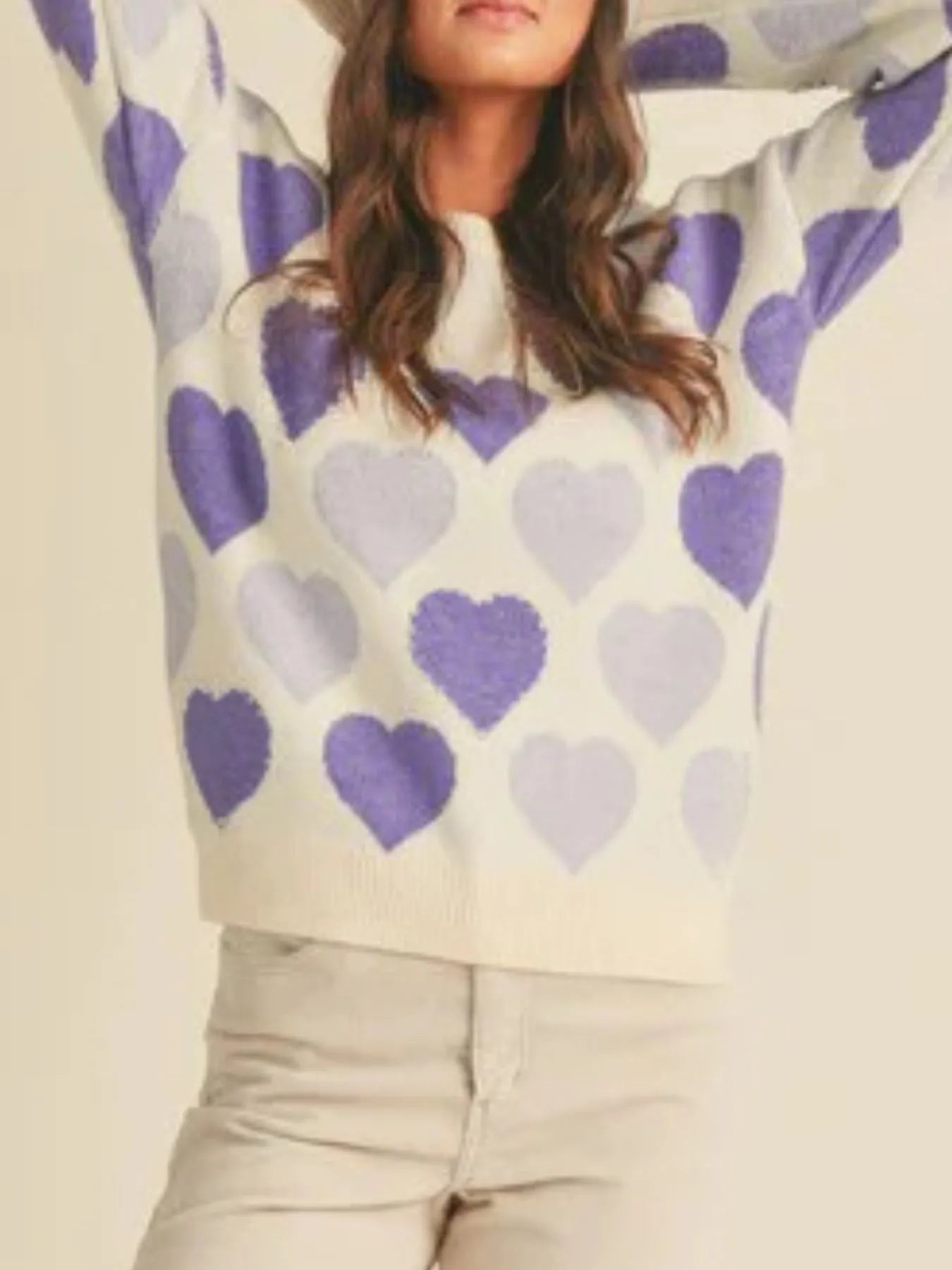 Heart Ribbed Hem Long Sleeve Sweater