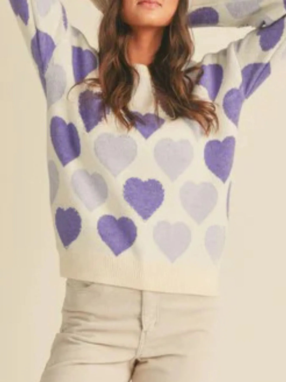 Heart Ribbed Hem Long Sleeve Sweater