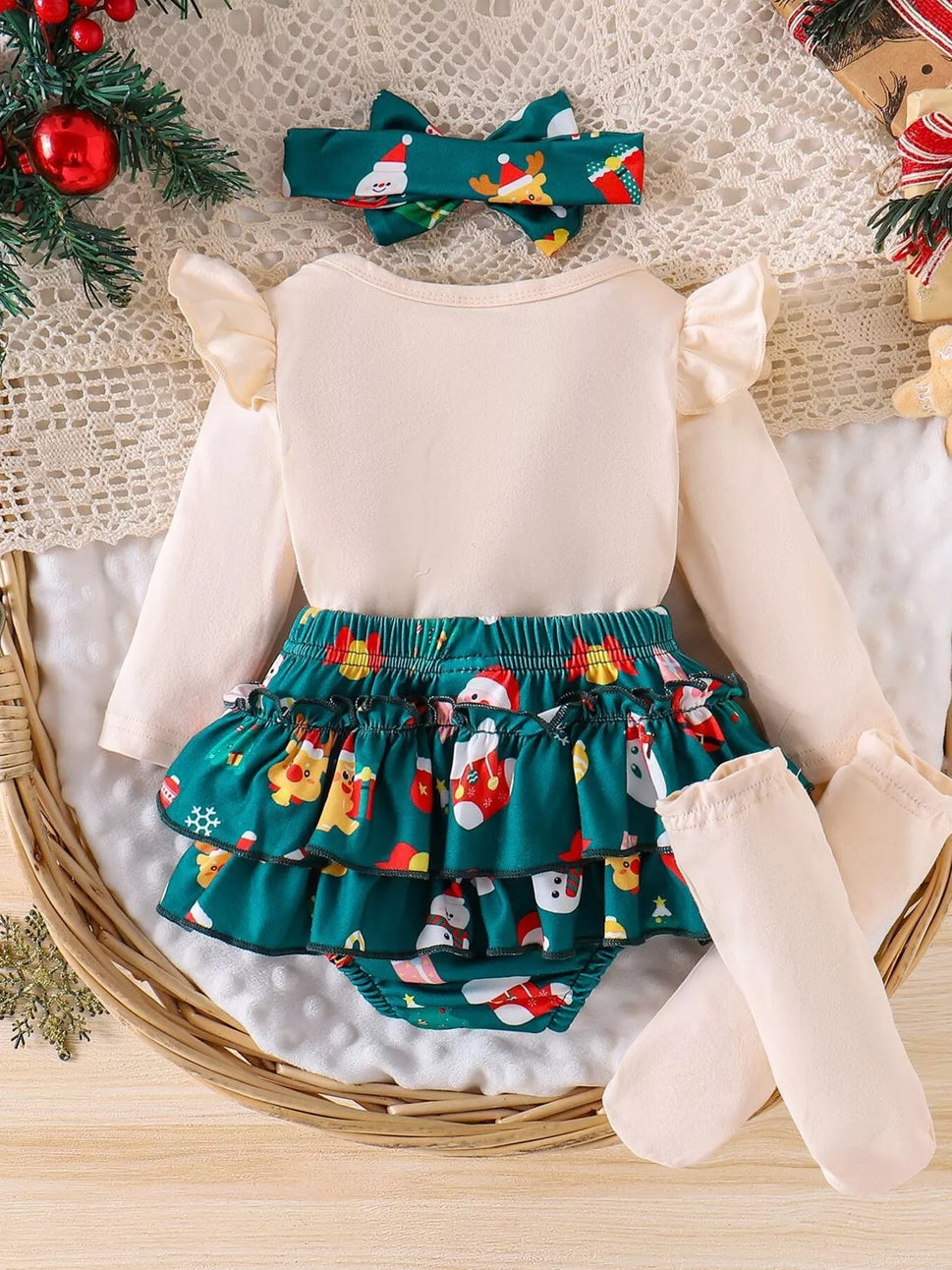 Children's Christmas Ruffled Long Sleeve Top and Skirt Set with Headband