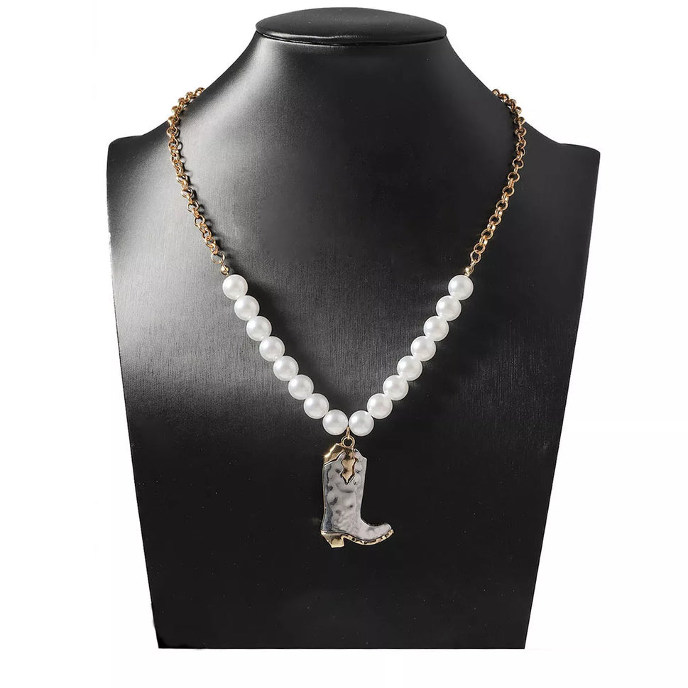 Western Style Pearl Boot Pendant Necklace