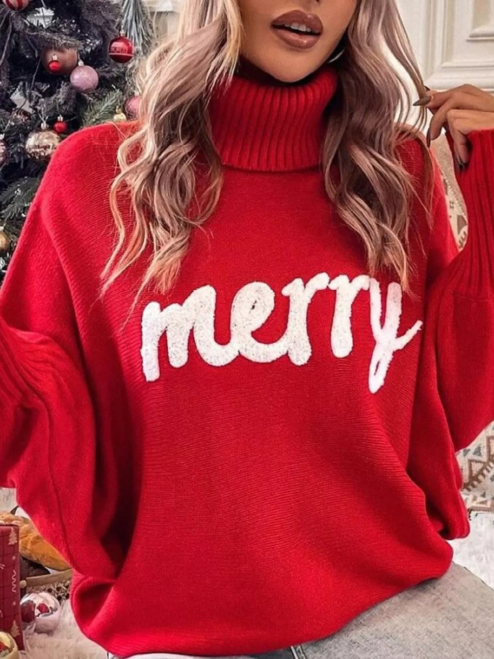 Merry Turtleneck Long Sleeve Christmas Sweater
