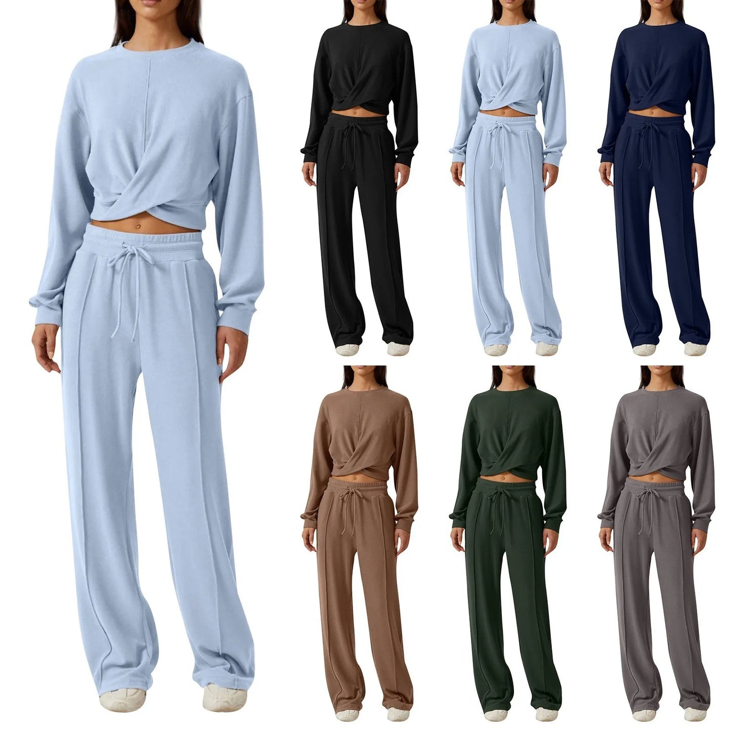 Tracksuit Women Wrapped Knot Cropped Sweatshirts 2 Piece Outfits Women Sweatpant Sets Autumn Casual Baggy Jogging Matching Sets