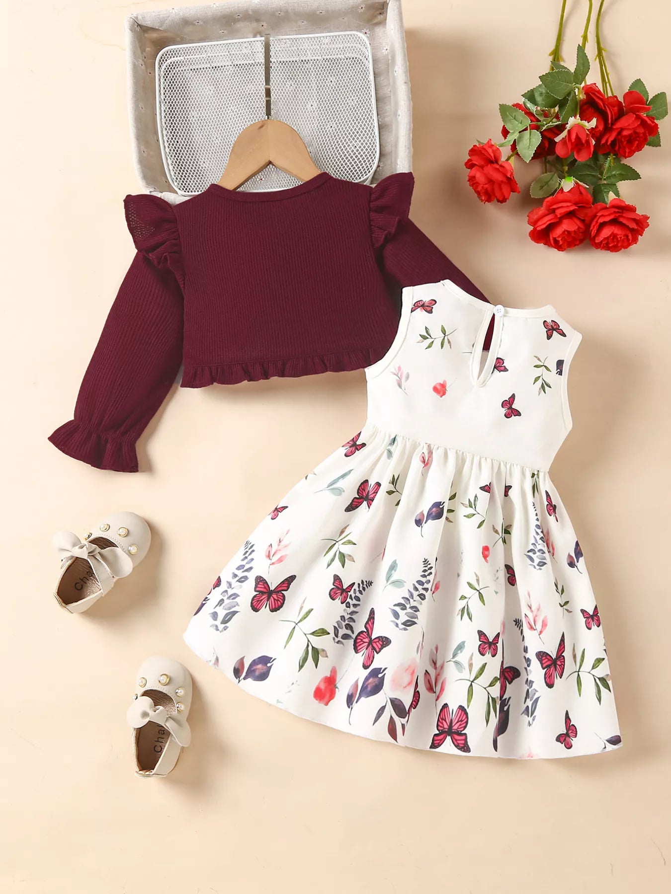 Children's Bow Dress & Ruffle Trim Cardigan Set