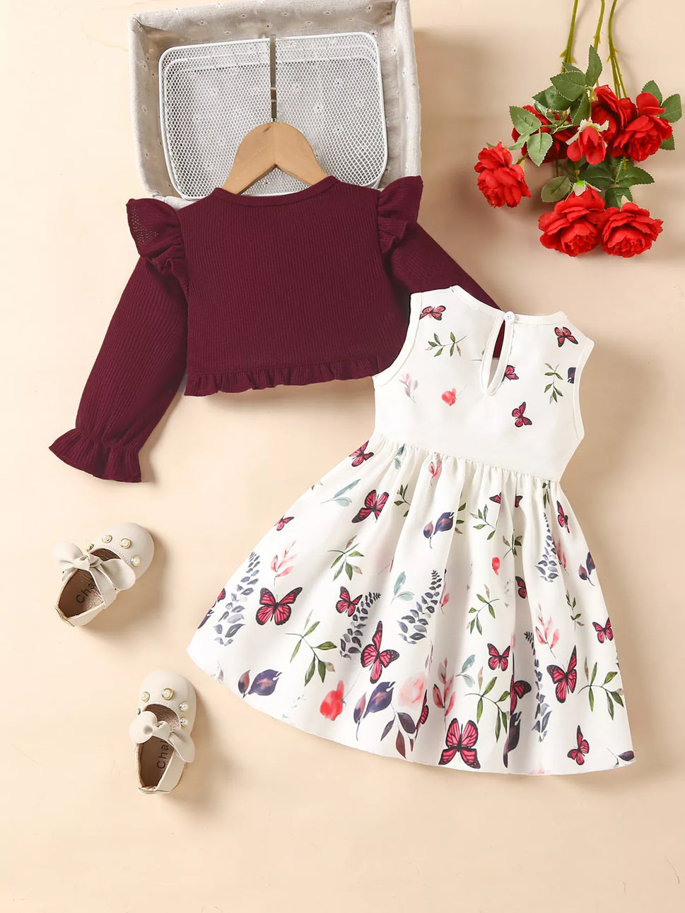 Children's Bow Dress & Ruffle Trim Cardigan Set