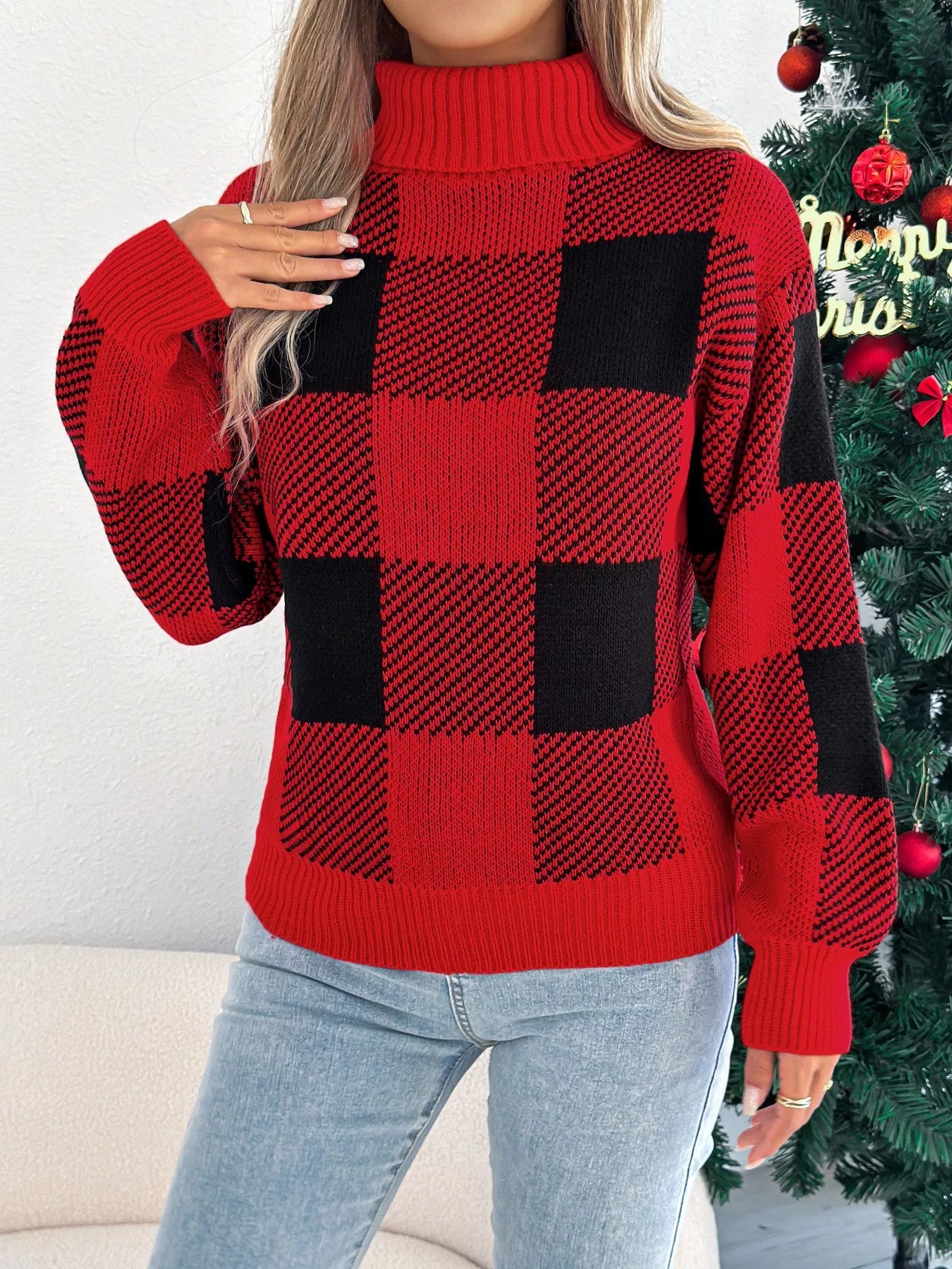 Christmas Plaid Long Sleeve Turtleneck Sweater