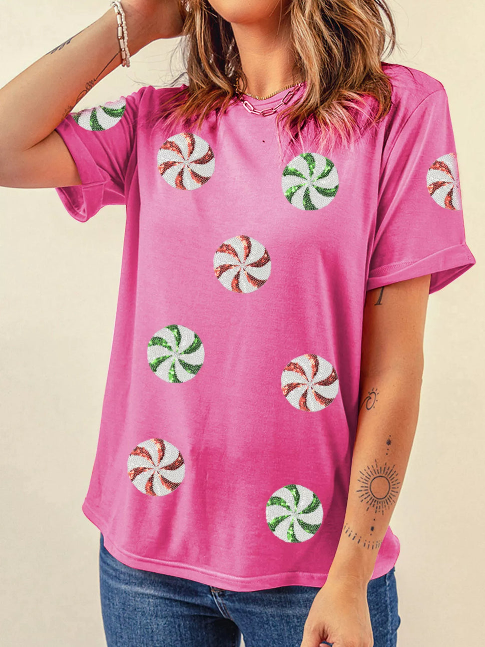 Sequined Candy Swirl Christmas Short Sleeve T Shirt