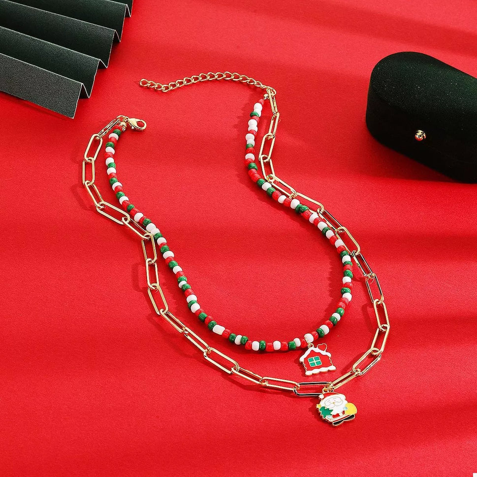 Christmas Double-Layer Necklace with Colorful Beads and Pendant