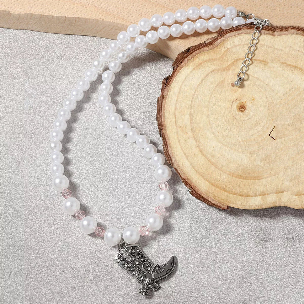 Pearl Beaded Cowboy Boot Necklace