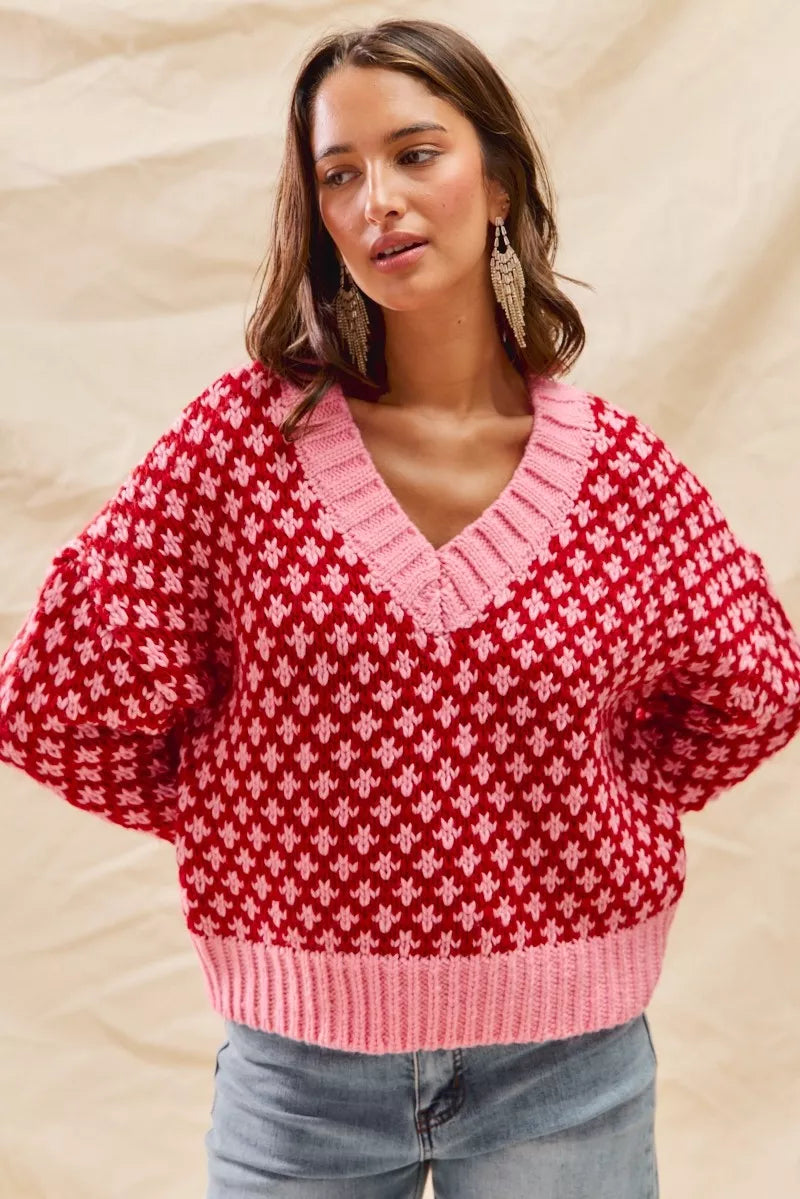 SO ME Color Block Textured Christmas Sweater V Neck Top