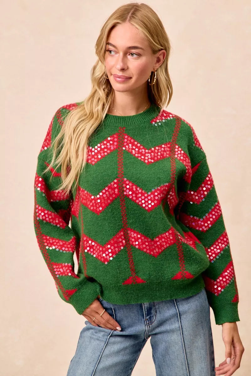 BiBi Christmas Theme Chevron Sequins Detail Sweater