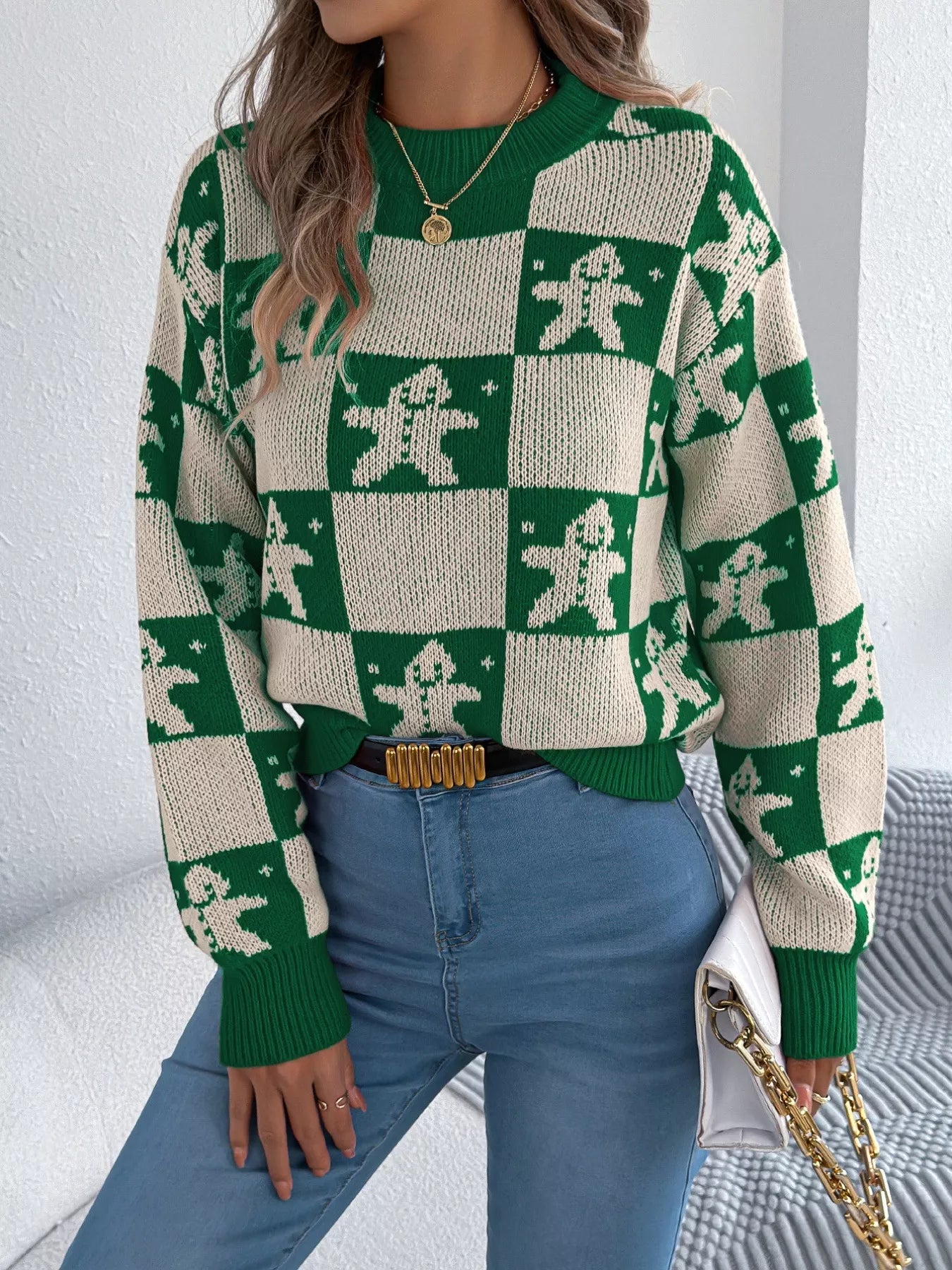 Christmas Checkerboard Gingerbread Round Neck Sweater