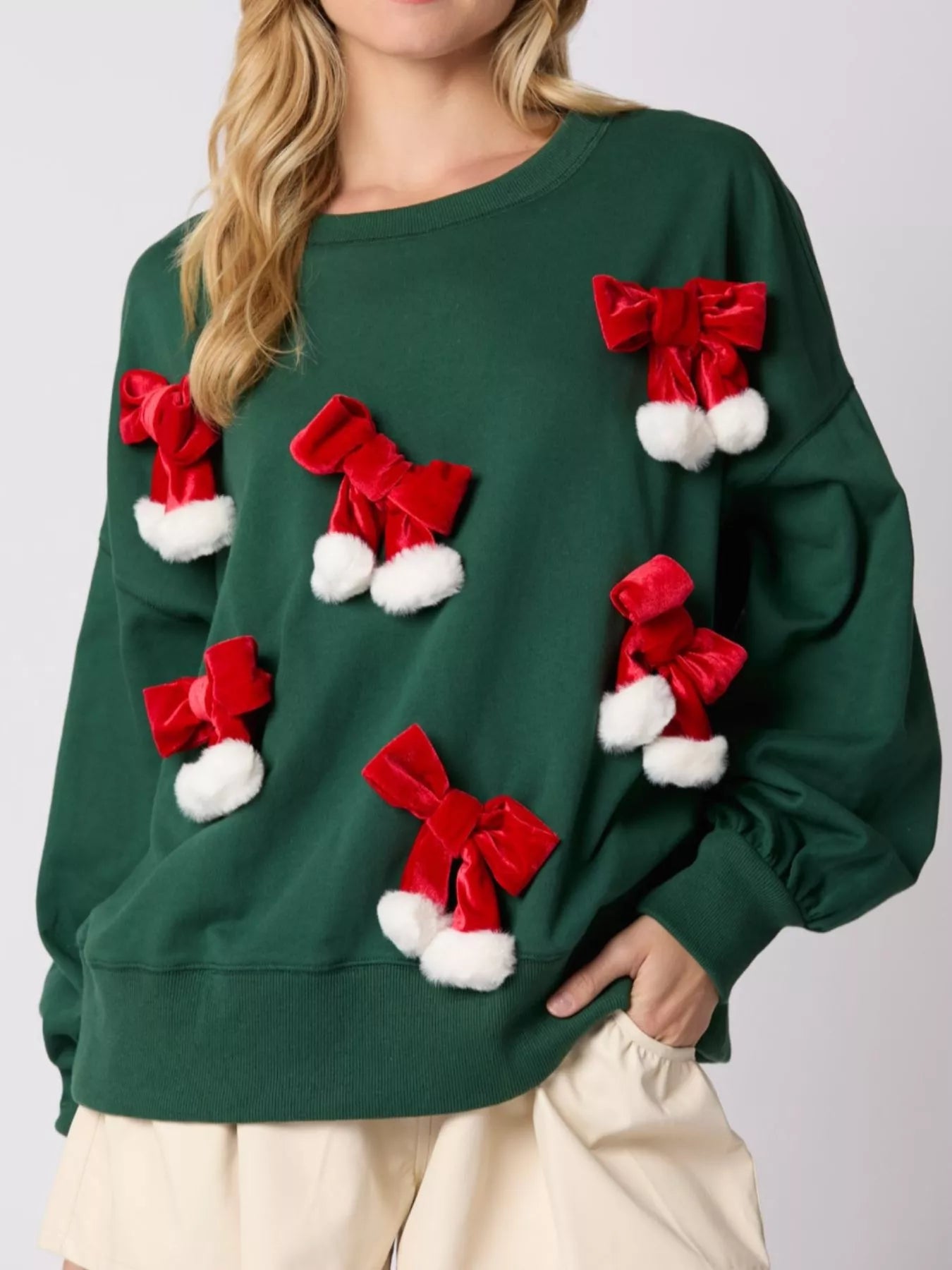 Christmas Long Sleeve Sweatshirt with Pom-Pom Bow Decoration