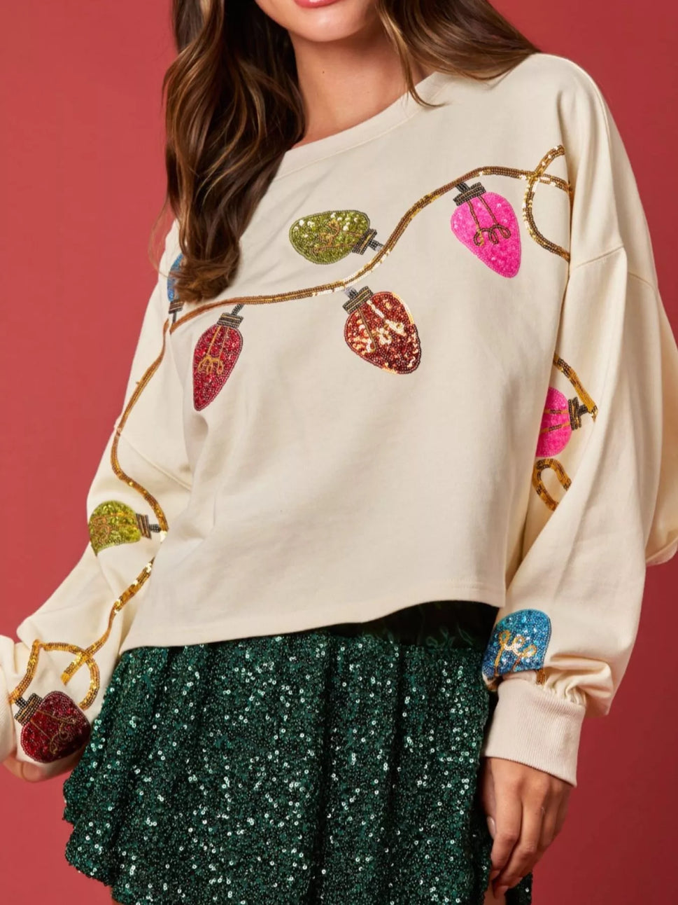 Christmas Holiday Lights Sequin Embellished Sweatshirt