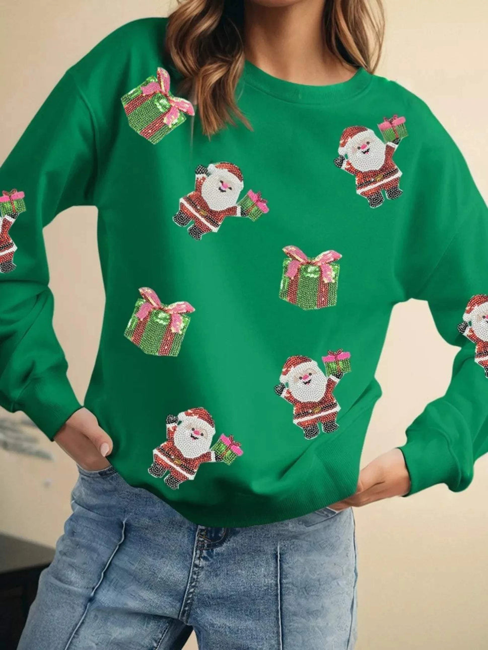 Santa Delivering Gifts Christmas Sequin Graphic Sweatshirt