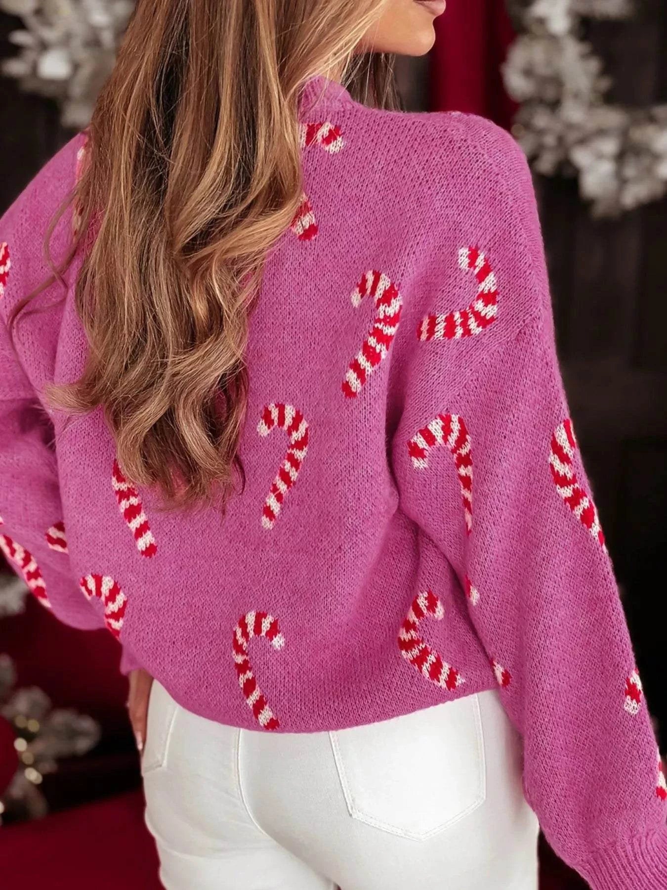 Christmas Candy Cane Holiday Drop Shoulder Sweater