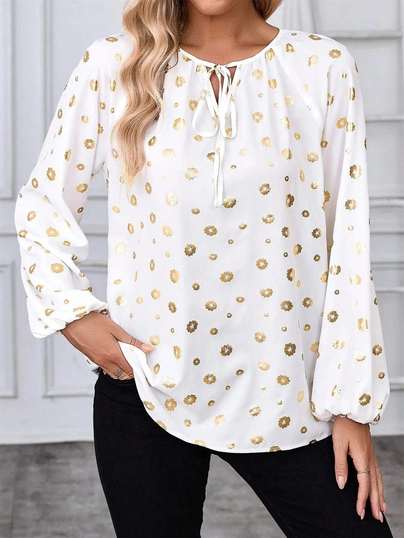 Printed Tie Neck Long Sleeve Blouse