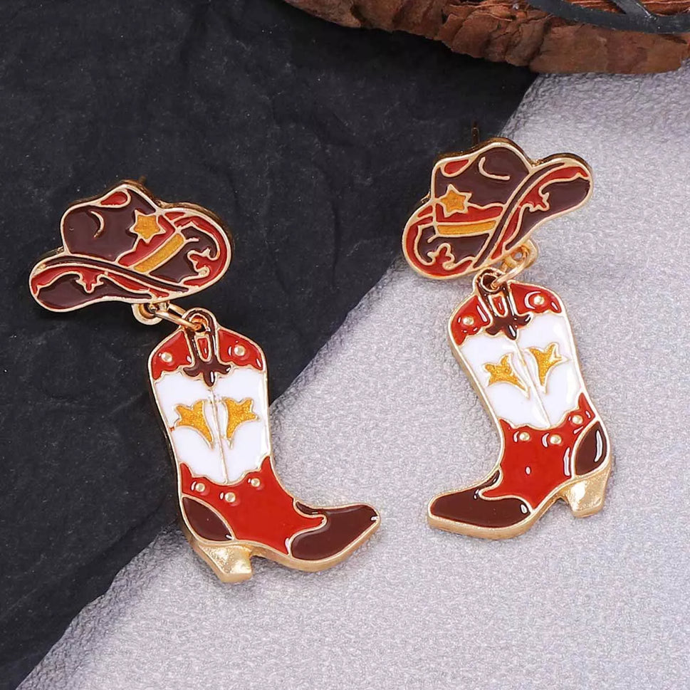18K Gold-Plated Cowboy Hat Boots Dangle Earrings