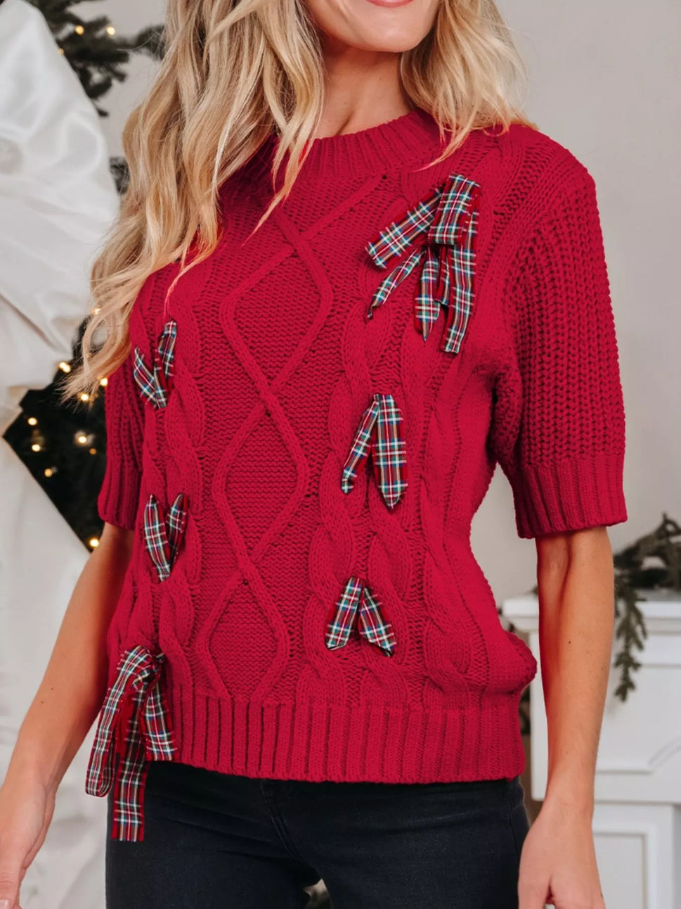 Plaid Lace Up Detail Christmas Holiday Puff Short Sleeve Sweater