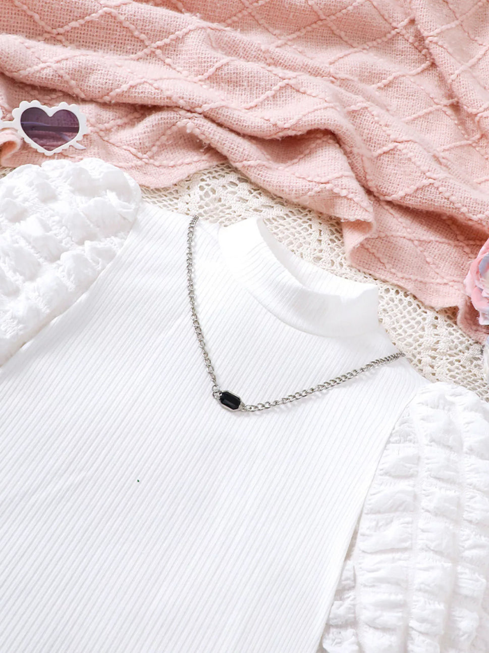 Children's Puff Sleeves Top and Plaid Skirt Set