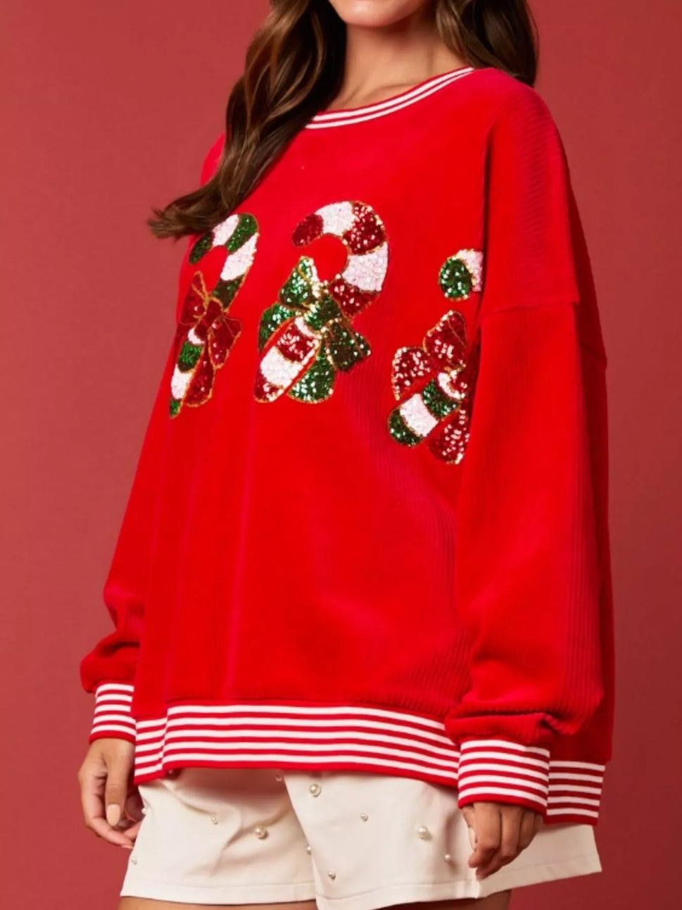 Christmas Sequin Candy Cane and Santa Sweatshirt with Striped Hem