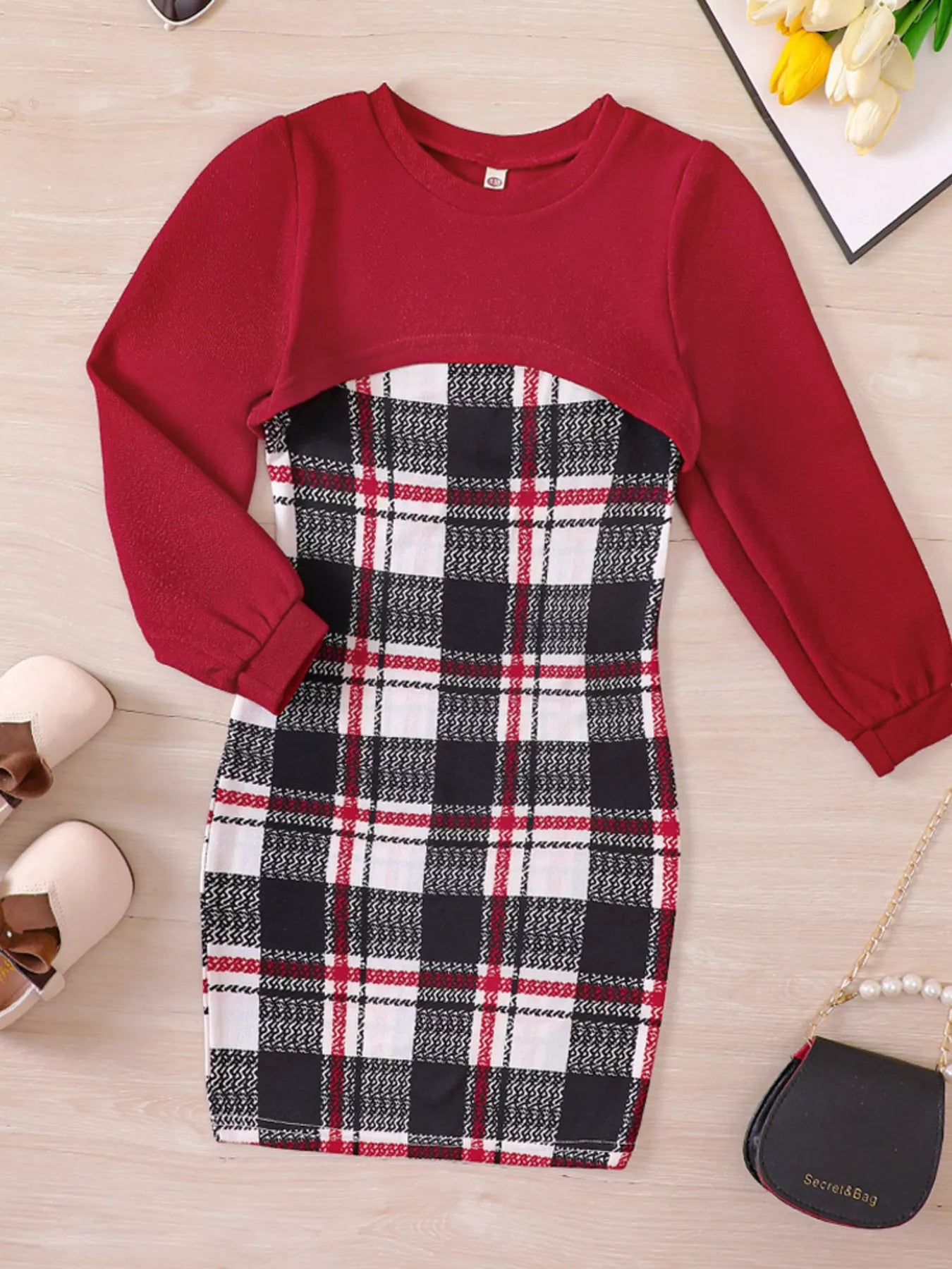 Children's Plaid Print Long Sleeve Dress Set