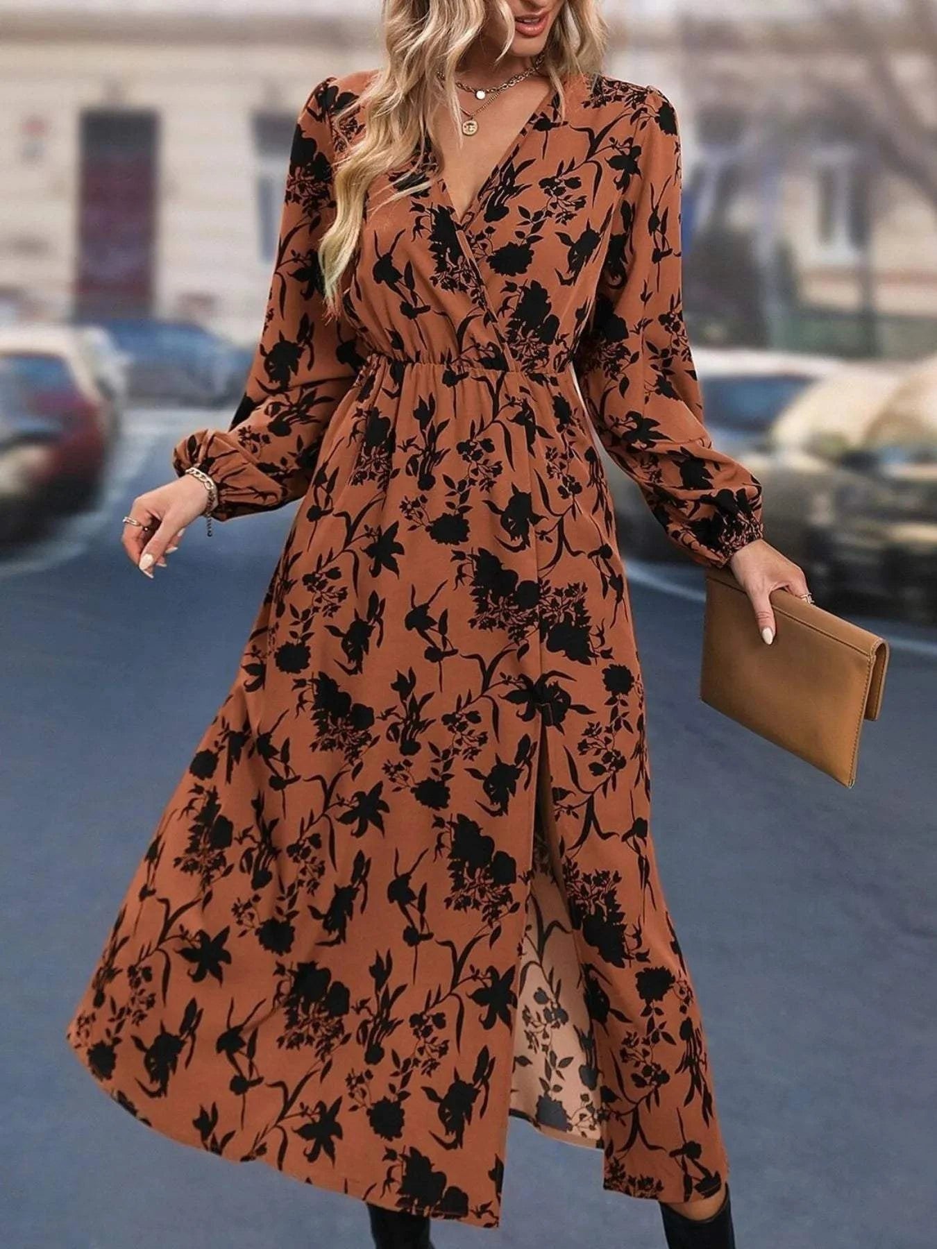 Printed Surplice Long Sleeve Dress