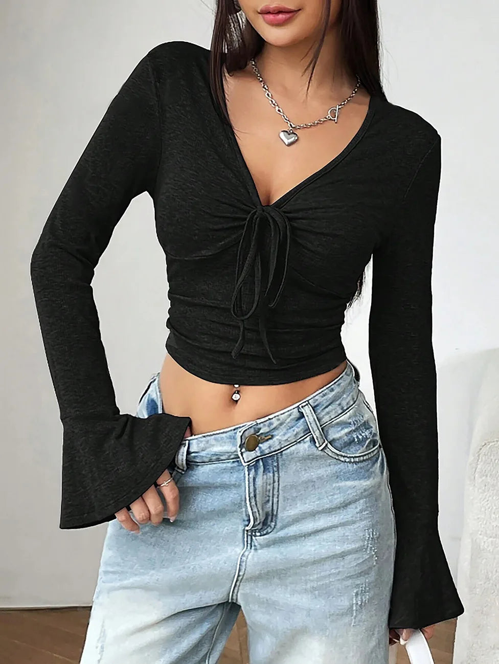 Autumn New Long Sleeved T-Shirt with Female Trumpet Sleeves Waist Cinched Exposed Navel Solid Color Lace up Bottom Shirt Top