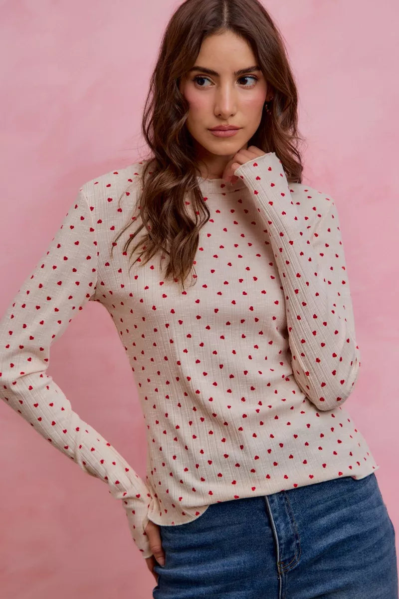 SO ME Ditsy Heart All Over Slub Rib Knit Valentine Top