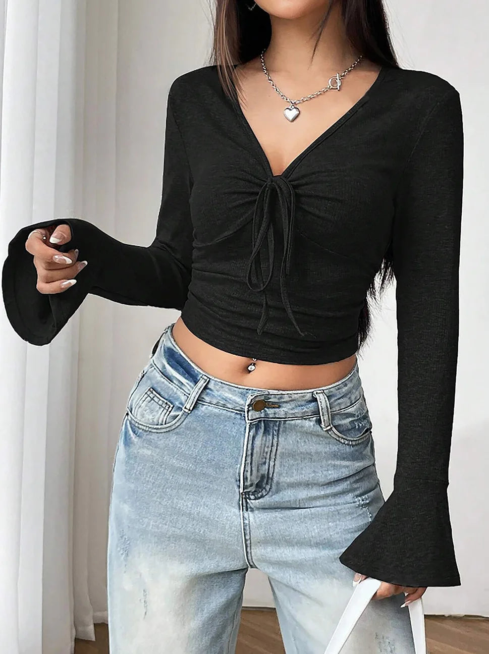 Autumn New Long Sleeved T-Shirt with Female Trumpet Sleeves Waist Cinched Exposed Navel Solid Color Lace up Bottom Shirt Top