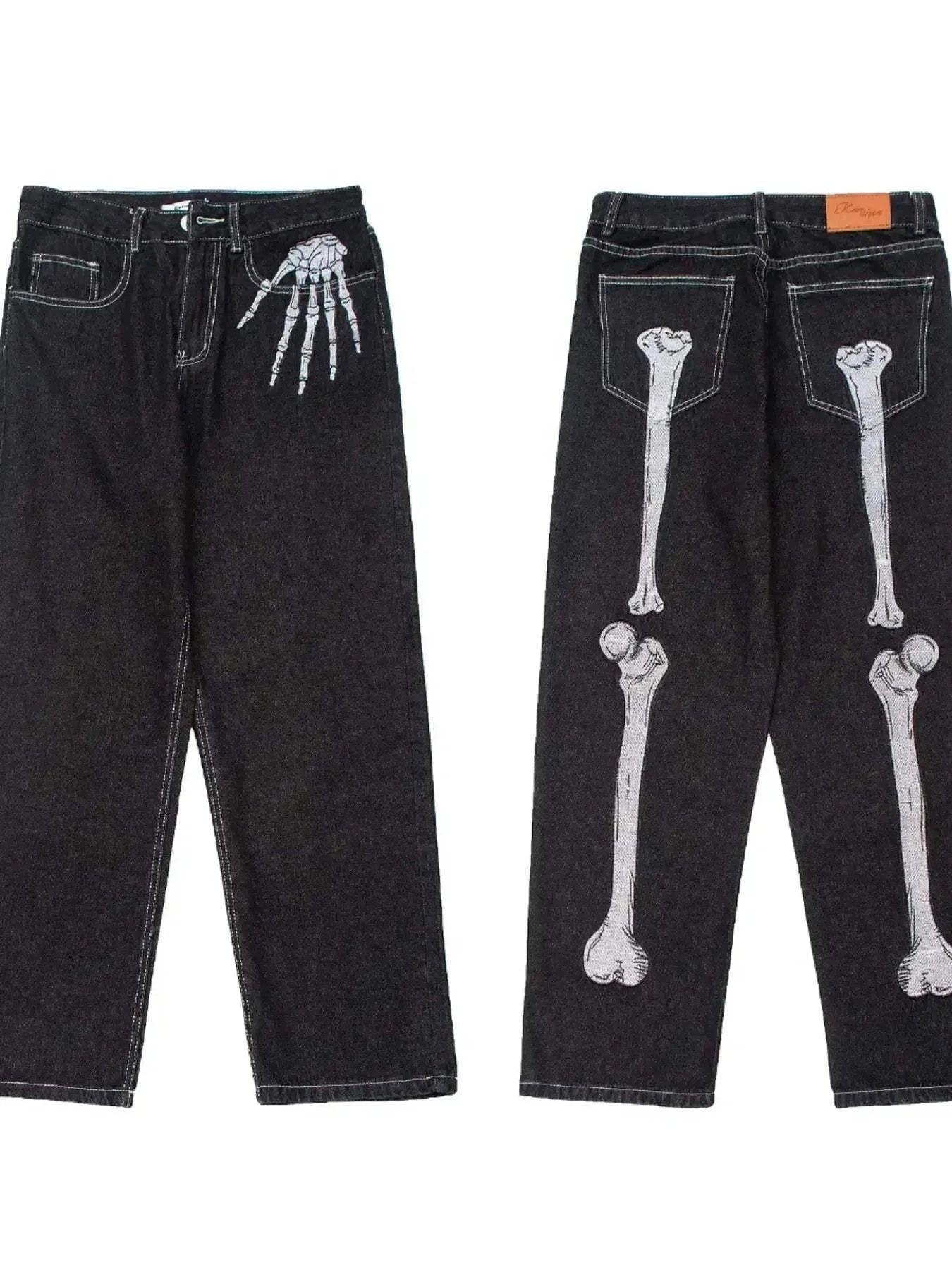 Men's Skeleton Embroidered Straight Leg Jeans