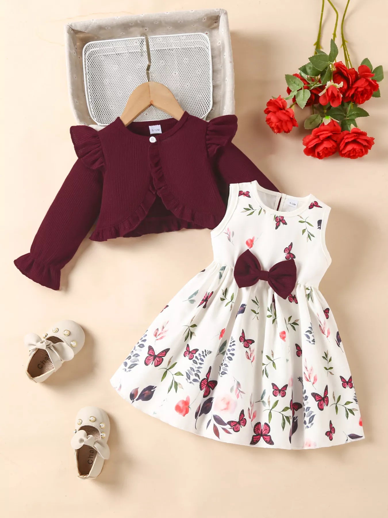 Children's Bow Dress & Ruffle Trim Cardigan Set