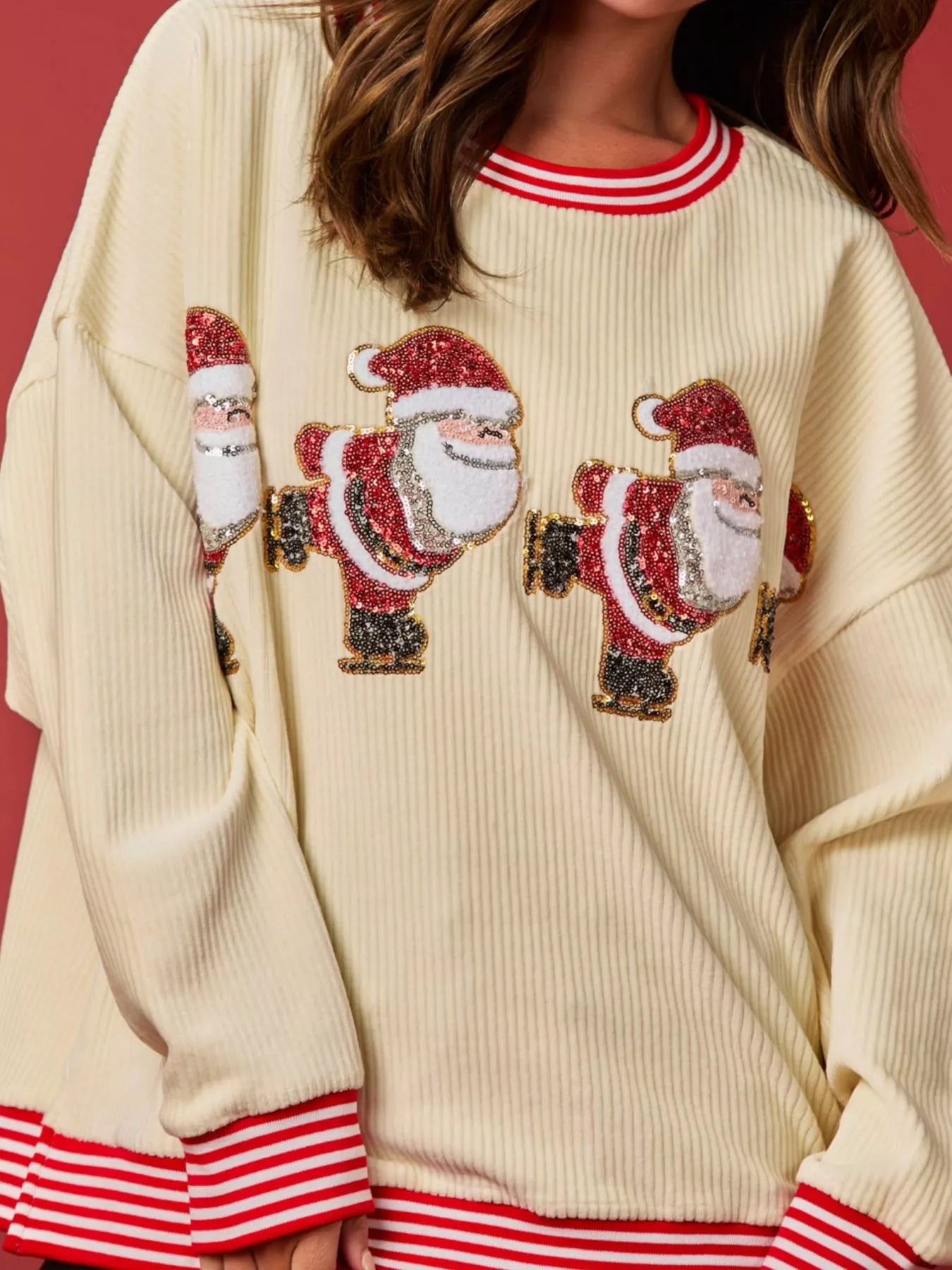Christmas Sequin Candy Cane and Santa Sweatshirt with Striped Hem