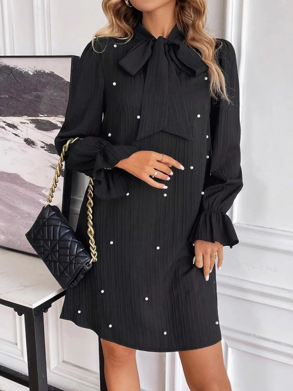 Pearl Embellished Bow Tie Flounce Sleeve Dress