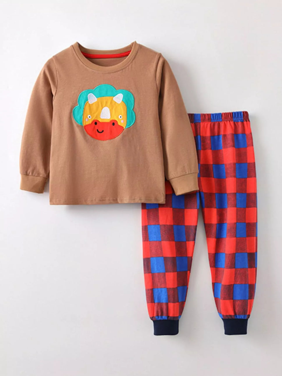 Children's Round Neck Top and Plaid Pants Set