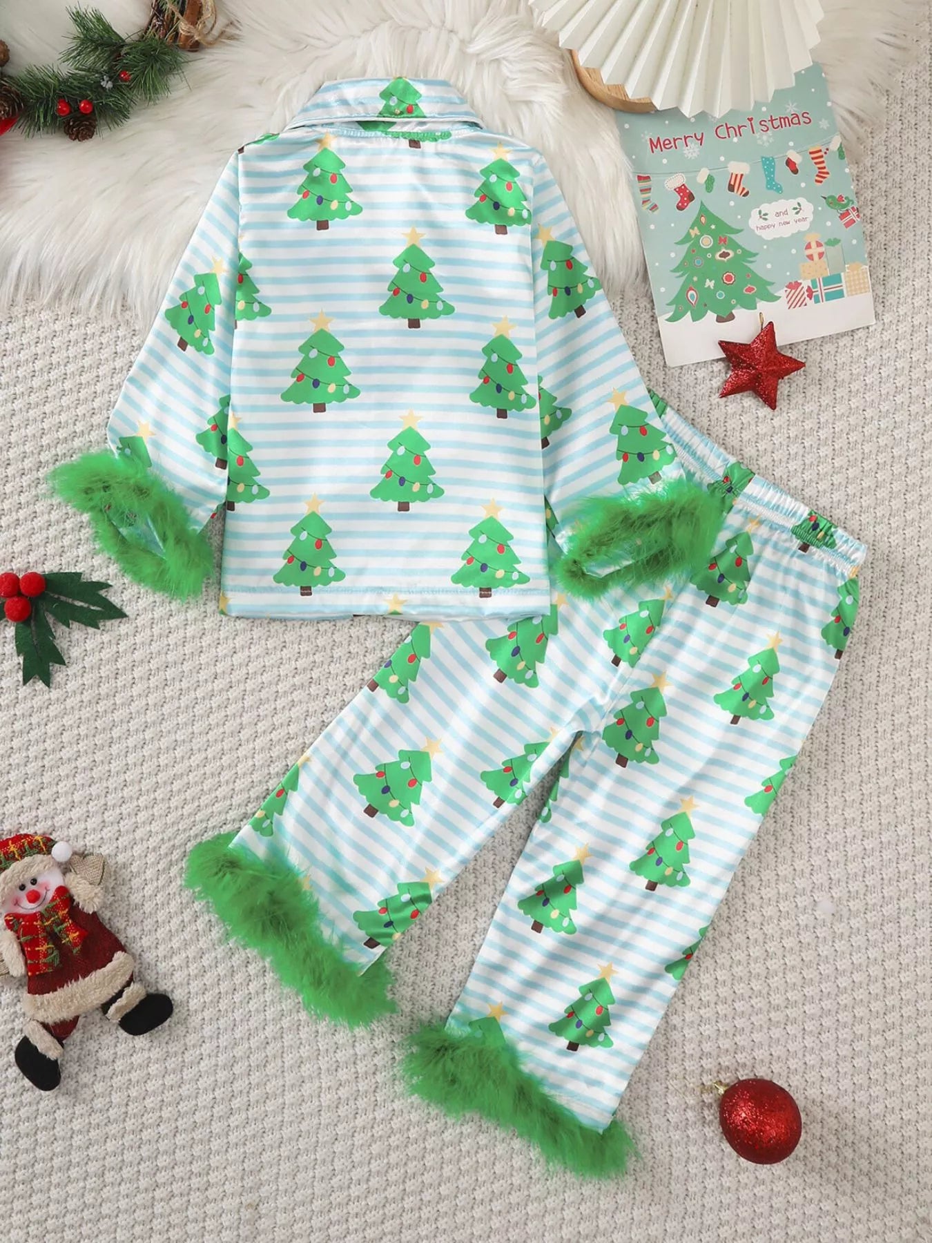 Children's Christmas Tree Print Fluffy Cuff Pajama Set
