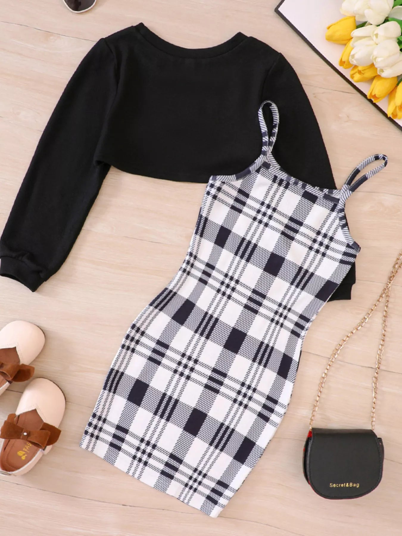 Children's Plaid Print Long Sleeve Dress Set